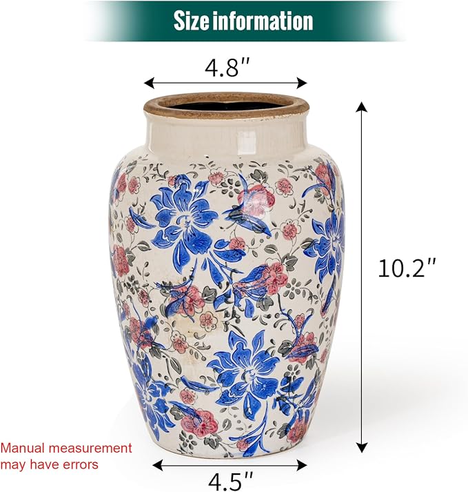 Sungmor Ceramic Flower Vase, Vintage Blue Ice Cracked Glaze Porcelain Vase | Pretty Home Decor Vase for Flower Arrangement, Fresh Flowers, 10.2 Inch Tall Chinoiserie Pottery Vase, Green Floral Pattern