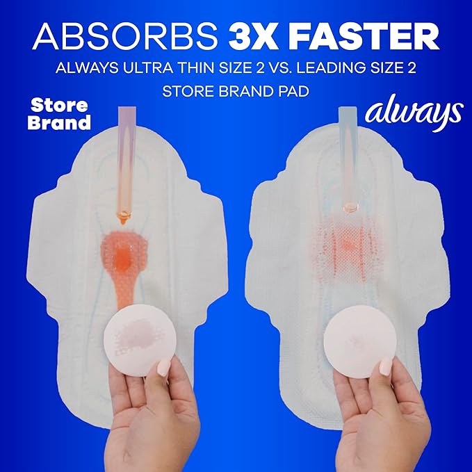 Always Ultra Thin Feminine Pads Without Wings for Women, Size 1, Regular Absorbency, Unscented, Up to 100% Leak-Free Protection, 44 Count x 3, 132 Count Total