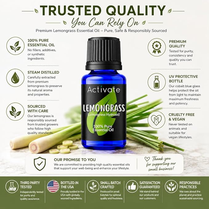 Lemongrass Essential Oil, 100% Pure Steam Distilled Essential Oil for Diffuser, Aromatherapy, Massage, Soap & Candle Making, DIY Blends, Fresh Citrus Aroma, 10 mL