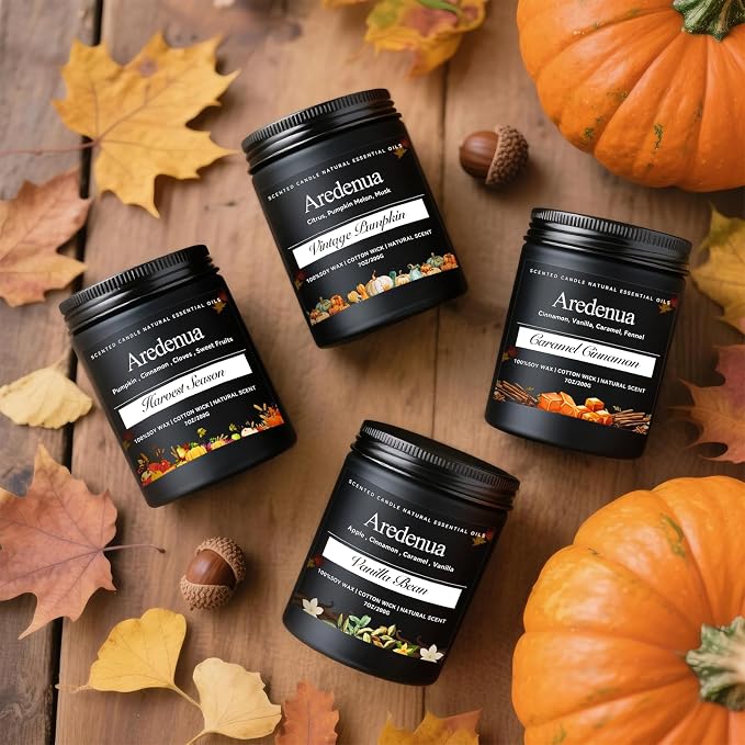 Fall Candle | Apple Pie Scented Candle - Autumn Seasonal Candles for Fall - 7oz Soy Candles for Home Scented, Thanksgiving Halloween Holiday Gift for Home - 50 Hours Long Burning -Black Jar