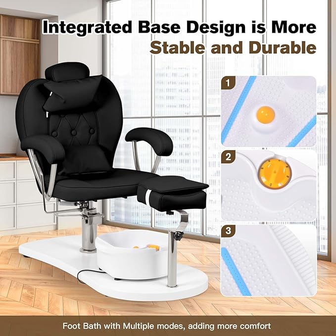 Pedicure Chair No Plumbing with Stool & Foot Bath, 360°Swivel Hydraulic Reclining Pedicure Station with Footrest & Ergonomic Headrest for Nail Tech, Spa, Salon (Black)