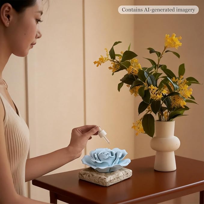Ceramic Passive Essential Oil Diffuser, Aesthetic Desktop Handmade Flower & Concrete Base, Porcelain Aromatherapy Oils Diffuser for Home, Office, Yoga, Spa Room (Blue Rose)