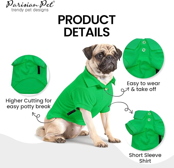 Parisian Pet Dog Polo Shirt – Classic Green Cotton Pet Apparel with Collar & Buttons - Soft Breathable Puppy T-Shirt - Cute Dog Clothes - Ideal Summer Clothes for Small Dogs - Shirts for Dogs Girl Boy