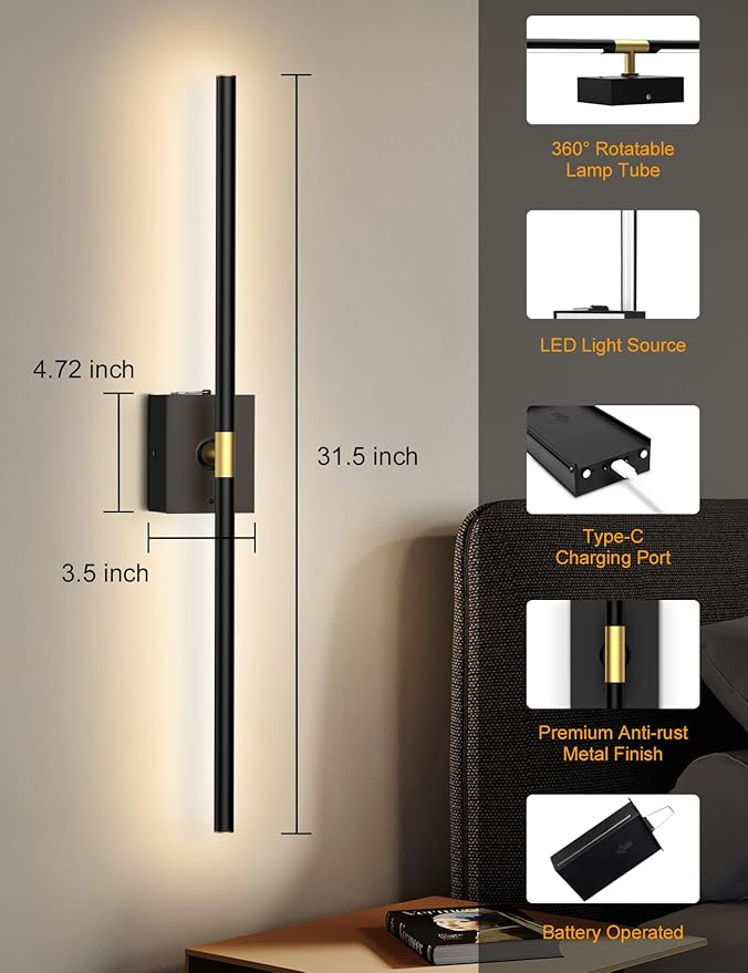 Battery Operated Wall Sconces Set of 2, Wireless Rechargeable Wall Lights | 10000mAh, Remote Control, 4CCT Dimmable, 360° Rotation, Modern Home Decor for Living Room, Bedroom, Hallway, Picture Lighting