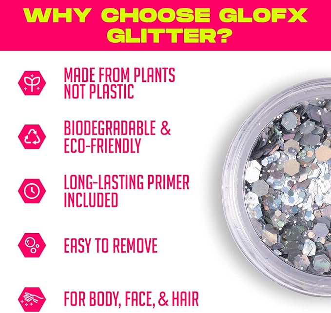 Silver Biodegradable Glitter Makeup | Plant Based, Eco Friendly, Hair Glitter, Face Glitter or Body Glitter | Cosplay, EDM, Music Festival and Rave Makeup Accessory | 5 Grams of Chunky Glitter
