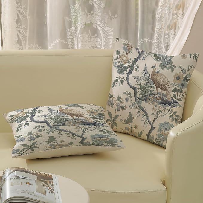 Chinoiserie Pillow Covers 20x20 Set of 2 Blue Bird Floral Throw Pillows Vintage Blue Green Flowers Decorations Outdoor Pillowcase Chinoiserie Decor Farmhouse Cushion Case for Couch Home