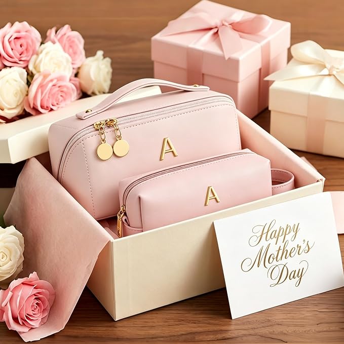 KKXIU Initial Makeup Bag for Women - Personalized Makeup Bag Gifts for Women, Travel Toiletry Bag with PU Leather, Open Flat Design with Top Handle, Cosmetic Bag Set with Multi-Pocket (Pink,M)