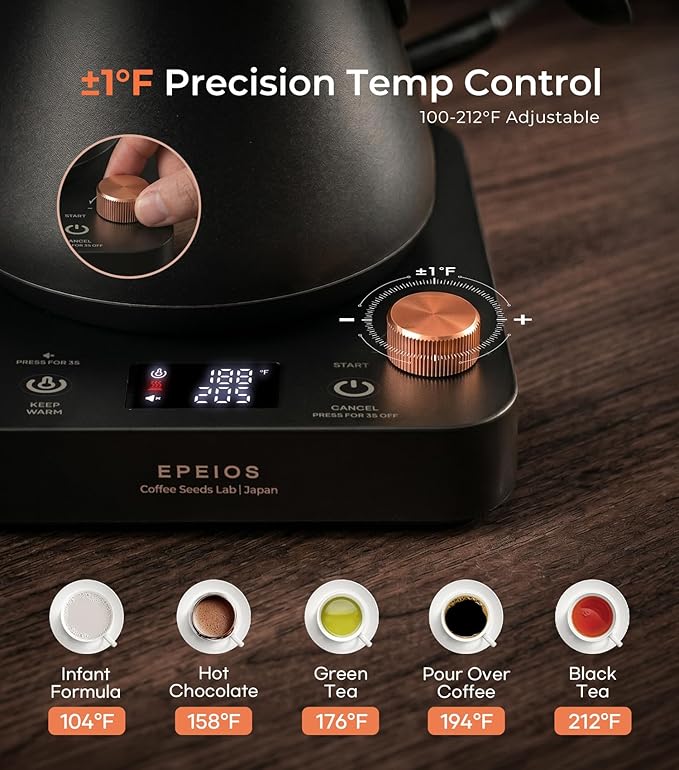 Epeios Electric Kettle, Gooseneck Electric Kettle with ±1°F Temperature Control, 1200W Rapid Heating for Pour Over Coffee & Tea, 304 Stainless Steel Interior, Auto Shut-Off, 0.9L, White Walnut