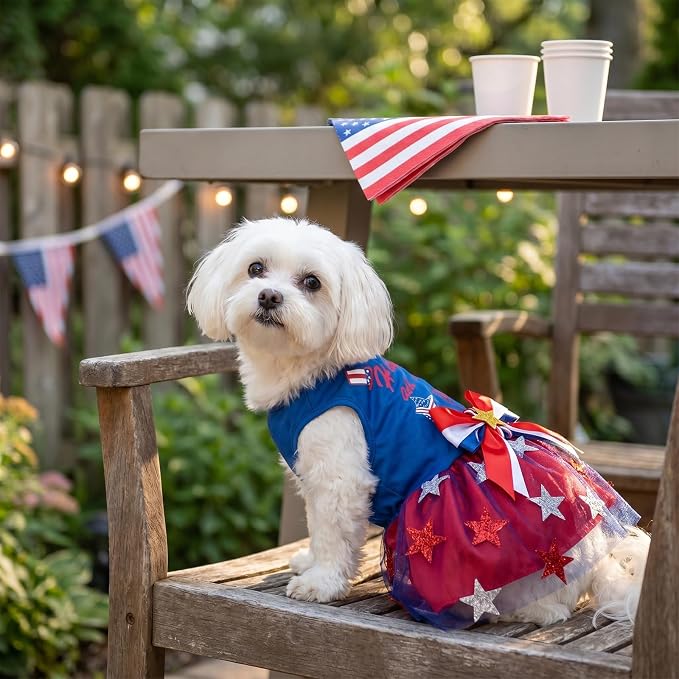 4th of July Pet Clothes for Small Dogs, 250th Independence Day Dog Dresses Stars and Stripes Patriotic Pet Doggie Apparel Stretchable Outfit, M Size