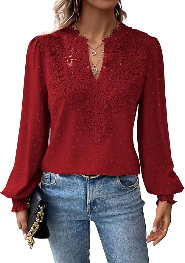 Womens Tops Swiss Dot Boho Long Sleeve Shirts V Neck Casual Chiffon Blouses Flowy Lace Hem Cute Clothing Trendy 2026