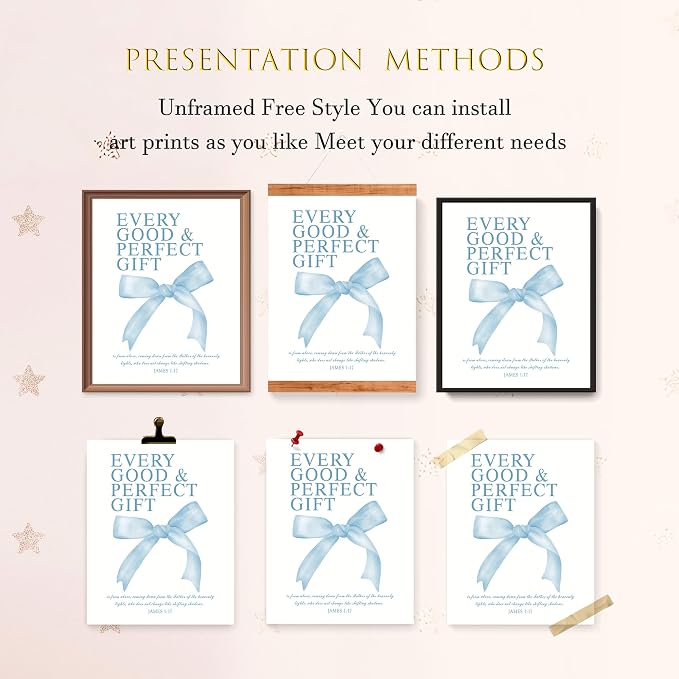 LARTSFRO Coquette Blue Bow Wall Art Decor Posters, Baby Blue Bow Room Bedroom Bathroom Dorm Wall Art Decor Aesthetic for College Teen Girls Gifts, Inspirational Bible Verses Bow Wall Decor, 10x8 Inch Set of 4 Pcs Bow Pictures (UNFRAMED)