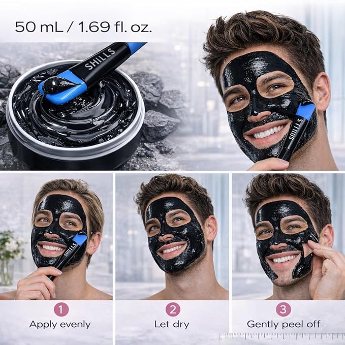 SHILLS Charcoal Mask for Men, 1 Bottle (1.69 fl. oz) and a Brush Set