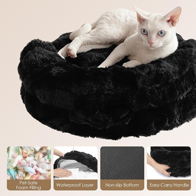 EHEYCIGA Soft Cat Couch Bed for Indoor Cats, Fluffy Small Dog Bed with Removable Washable Cover, Bolster Pet Sofa, Waterproof and Non-Slip, 24" x 24"x 7", Black