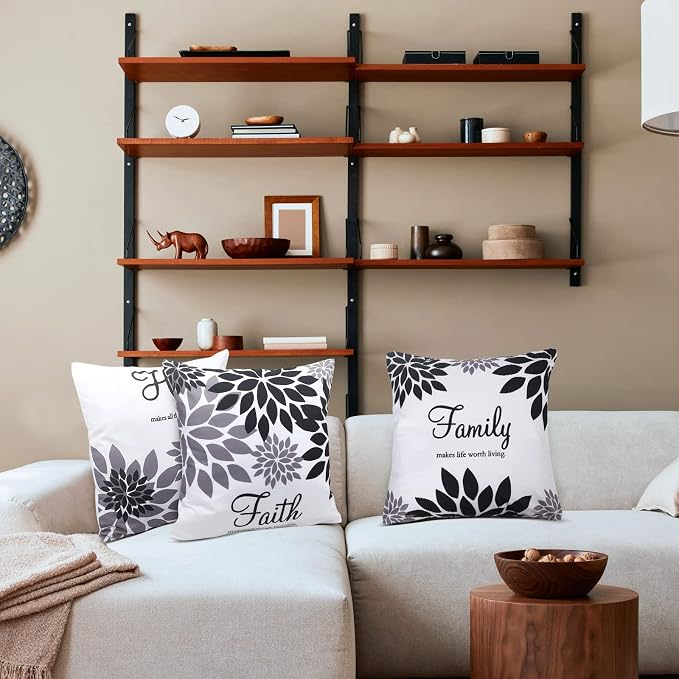 Tatuo 4 Pcs Flower Pillow Covers Square Summer Pillow Cushion Cases 18 x 18 Inch Family Faith Hope Love Words Decorative Spring Winter Cushion Case for Bed Couch Sofa Living Room(Black Series)