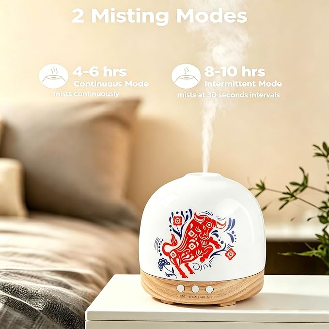Ceramic Diffuser - 300ML Essential Oil Diffuser,Cute Porcelain Design, Quiet Cool Mist, 4 Timer Modes, Auto Shut-Off, Night Light for Bedroom and Home