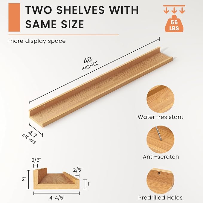 Picture Ledge Shelf, Floating Shelves for Wall, 40" W Set of 2, Oak | FSC Certified Engineered Wood, Wall Mounted Bookshelf, for Nursery Living Room Bedroom, Pre-Drilled, Easy Install