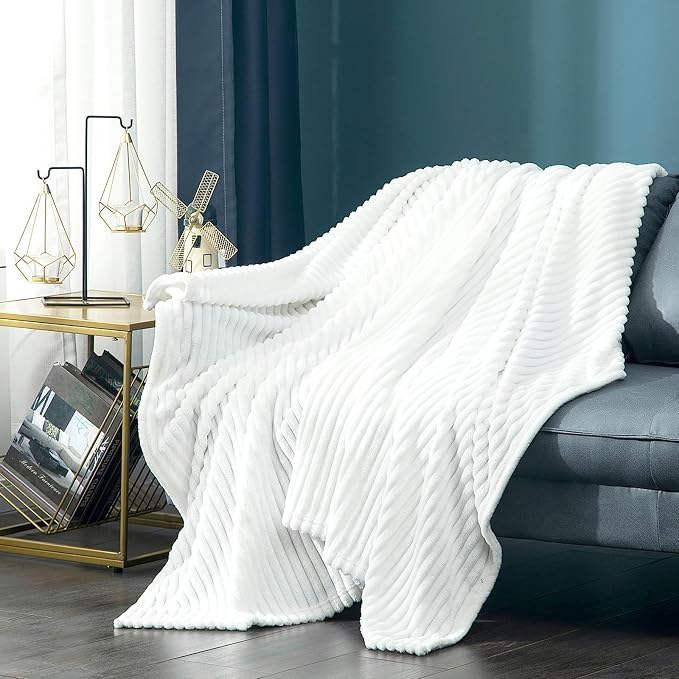 Vessia Flannel Fleece Throw Blanket for Couch,Sofa,Bed, 300GSM Microfiber White Striped Chair Blanket,Super Soft Warm Cozy Lightweight Ribbed Throw for All-Season