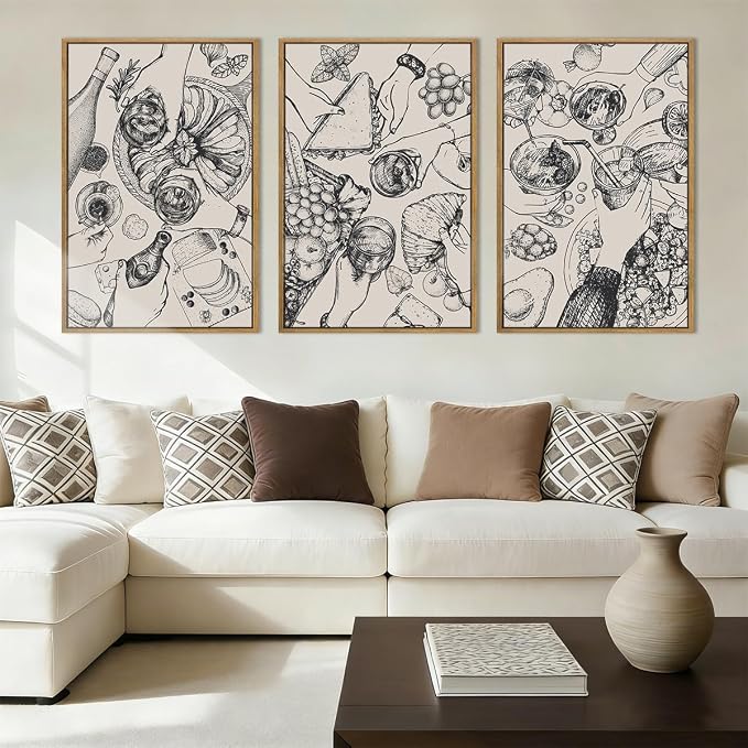 BINCUE Framed Food Wood Wall Art Set of Three Modern Cheers Kitchen Wall Decor Abstract Friends Party Art Print for Kitchen Dining Room Living Room 16x24 Inch