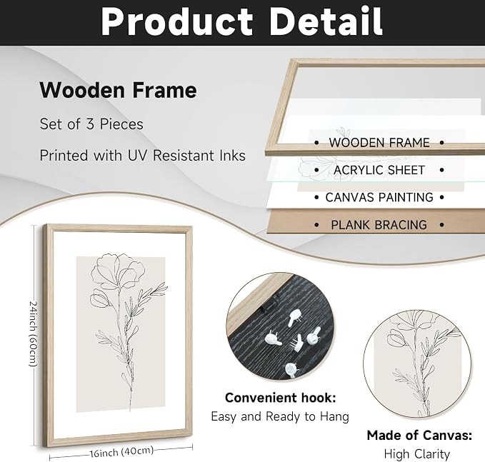 Neutral Botanical Prints Wall Art Flower Minimalist Canvas Wall Decor Vintage Line Wall Art Floral Plant Painting Pictures Beige Boho Artwork Farmhouse Poster for Bedroom 16x24x3 Inch Wood Framed