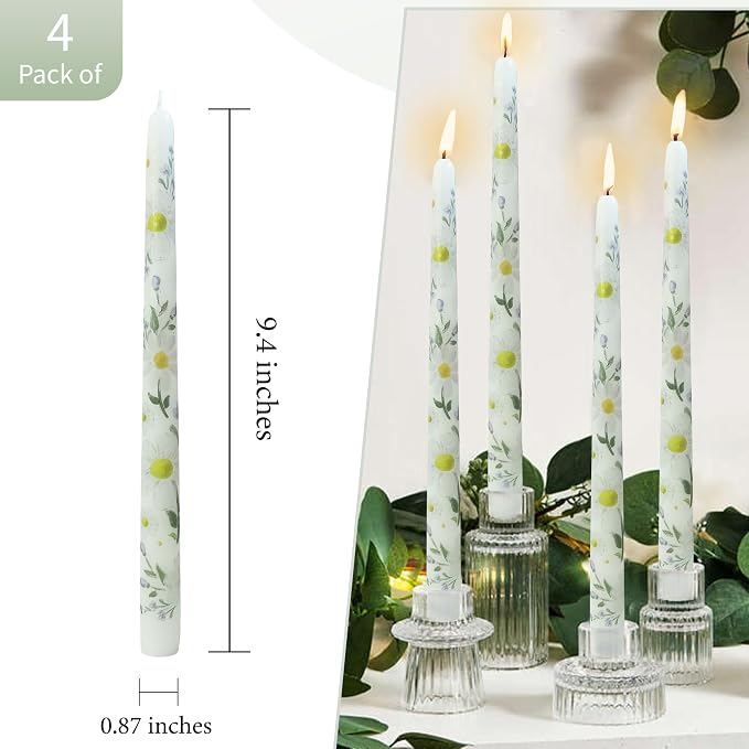 Daisy Printed Taper Candles Smokeless- 4 pcs Handmade White Taper Candle - Dripless Uncented Candle 10 inches Long Flower Printed Tapered Candles for Home Party Wedding Restaurant Holiday Decor
