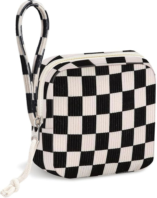 Corduroy Period Pouch for Women, Cute Sanitary Pad Pouch with Zipper, Portable Tampon Holder for Purse, Sanitary Napkin Storage Bag for Travel (Checkered Black White)