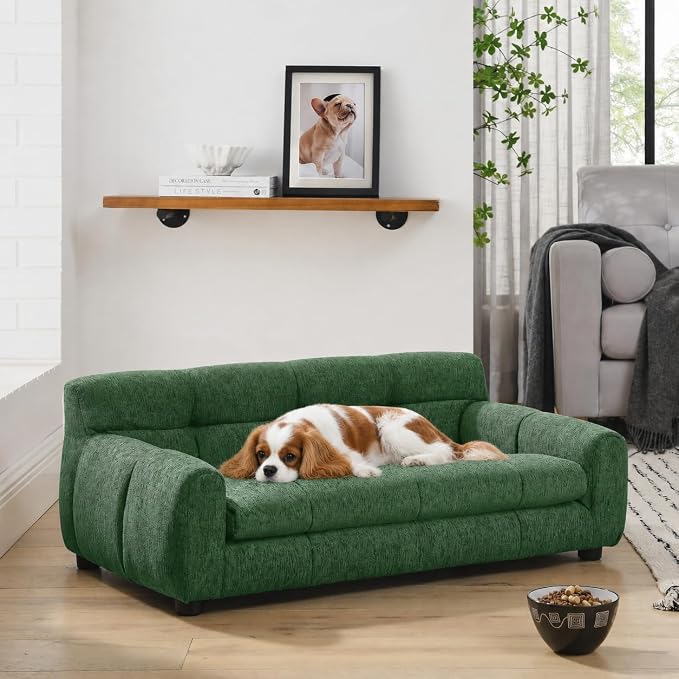 38"x22" DOD Sofa for Small & Medium Dogs | Removable Cushion Cover | Stable Low-Leg Frame | Breathable Linen Fabric | Armrest & Backrest | Easy to Clean |Olive Green