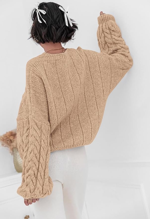 PRETTYGARDEN Womens Sweaters Spring 2026 Cable Knit Long Sleeve Crewneck Oversized Sweater Chunky Pullover Loose Outfits