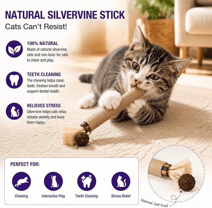 LOS ANDES Cat Silvervine Sticks & Chew Rope Toys Set with Catnip, Stress Relief Cat Toy, Interactive Teeth Cleaning Toys for Indoor Cats & Kittens