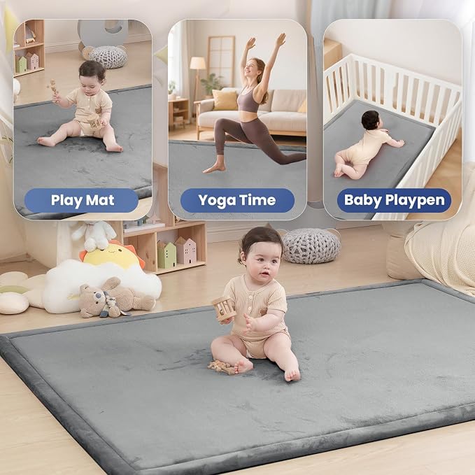 Huloo Sleep Ultra Soft Baby Play Mat for Floor, 1.3" Thick Elasti-Foam 65x50 Play Mat for Playpen,Water-Repellent Coral Velvet for Tummy Time, Non-Slip Backing,Safe for Toddlers & Infants（Dark Grey）