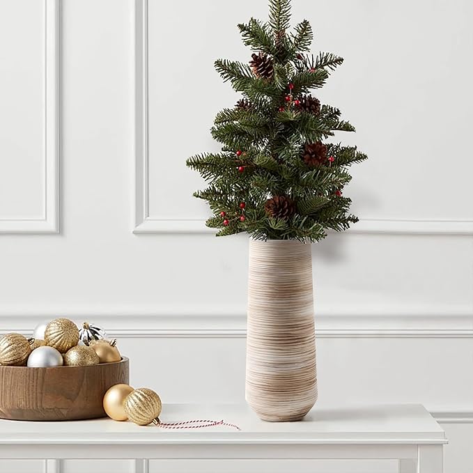 ALMA 13" White Tall Ceramic Vase, Modern Pampas Grass Vase Home Docer | Flower Vase with a Brown & Beige Finish, Boho Vase for Mantel, Tabletop, Bedroom, Shelf, Wedding & Housewarming Gift