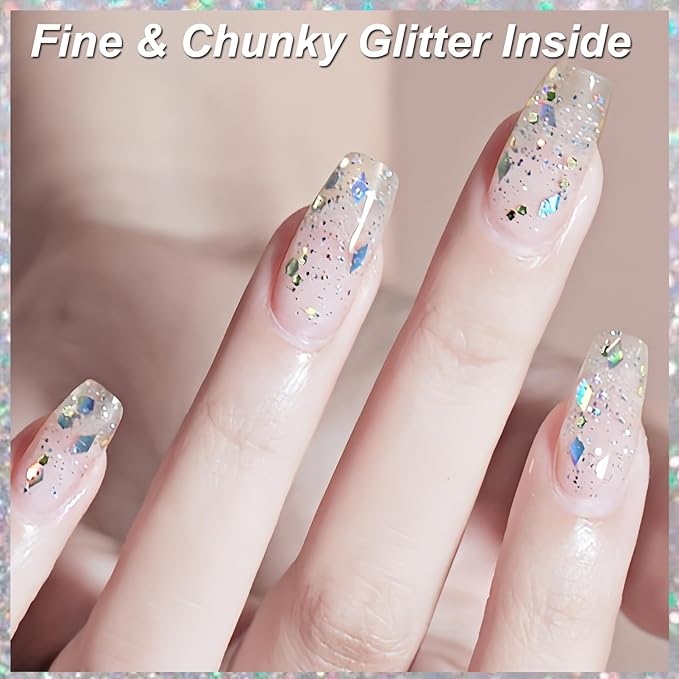 Clear Glitter Nail Polish, Chunky & Fine Holographic Glitter Top Coat, Iridescent Confetti Nail Polish Quick Dry, For DIY Nail Art and Holiday Party, Non Toxic