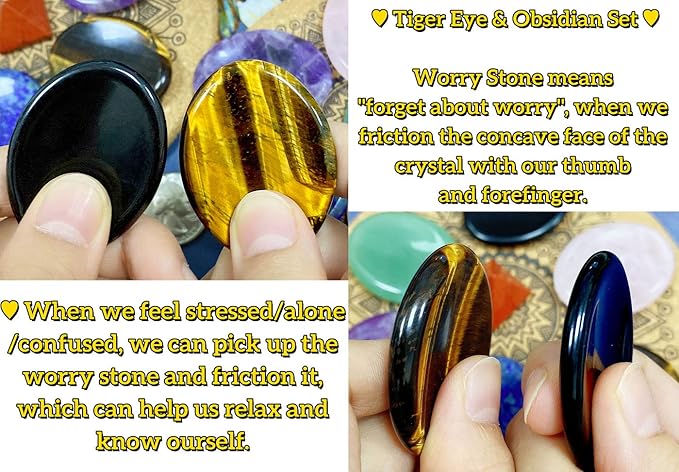 QINJIEJIE 2PCS Thumb Worry Stone for Anxiety Tiger's Eye Obsidian Healing Crystals Hand Carved Stones Oval Pocket Gemstones Sets Meditation Crystal Reiki Relax Stone Anxiety Relief Items