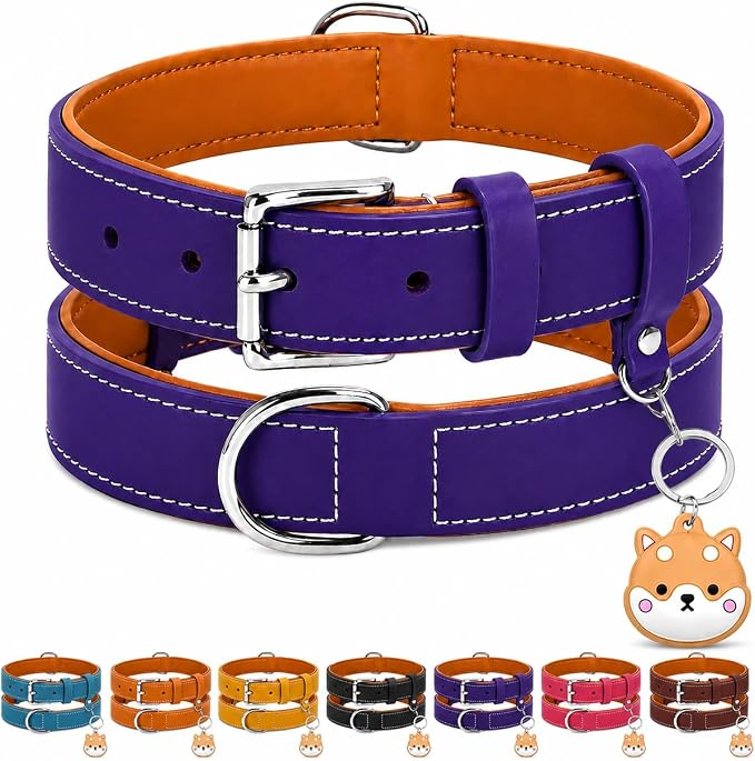 Genuine Leather Dog Collar, Soft Padded Leather Dog Collars with Airtag Holder Case for Small Medium Large X-Large Dogs,Comfort Heavy Duty Pet Collar with Durable Metal Buckle & D-Ring-Dark Purple/L