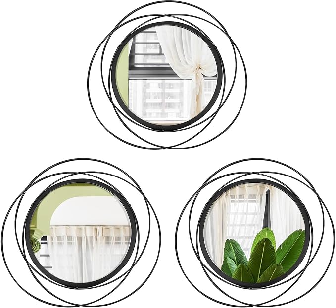3 Set Round Mirrors for Wall Decor Living Room Bedroom Bathroom Dining Room Metal Circle Mirror Set Boho Decorative Sunburst Wall Art Accent Entryway - Black 11 in