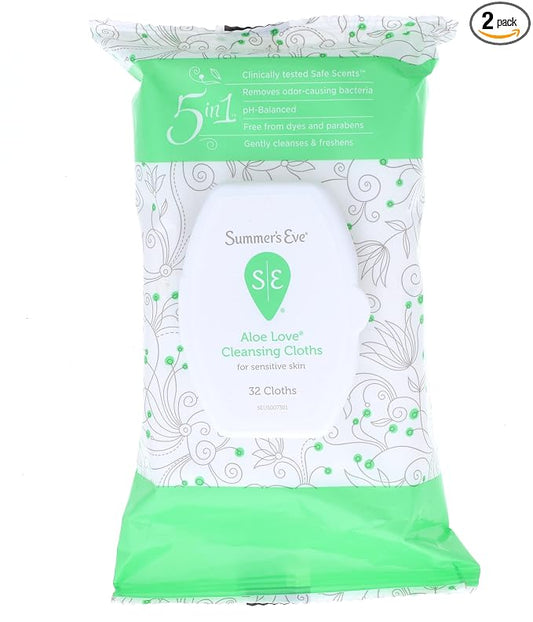 Summer’s Eve Aloe Love Gentle Daily Feminine Wipes, Removes Odor, pH balanced, 32 Count, (Pack of 2)