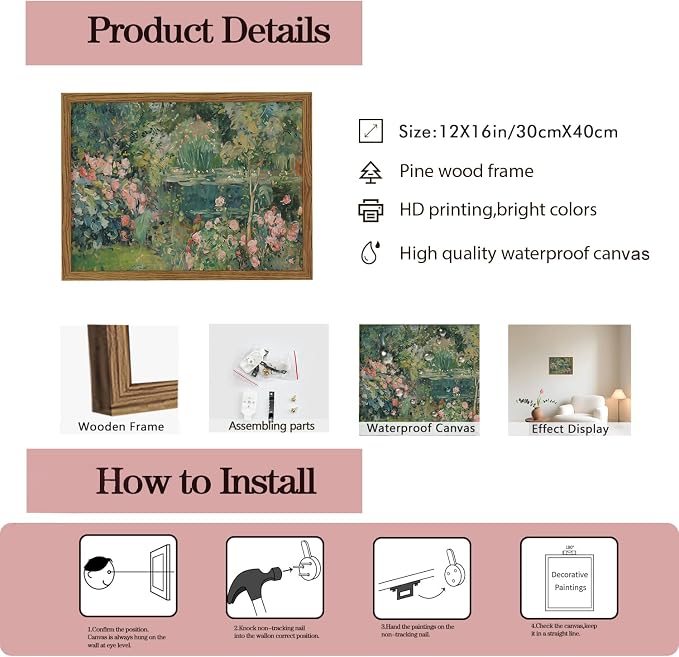 Framed Vintage Floral Landscape Canvas Wall Art, Rose Garden Pond Wall Decor Paintings, Rustic Cottagecore Nature Plant Pictures Prints Aesthetic Home Decor for Living Room Bedroom Bathroom 12x16 inch