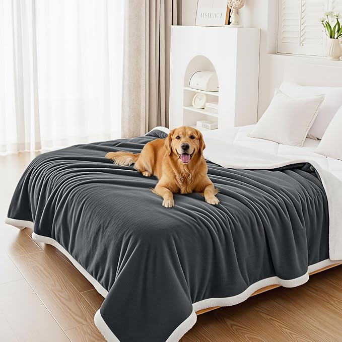 Smiry Waterproof Blanket Throw, Reversible Dog Blanket for Sofa Couch Bed | Soft Leakproof Sherpa Fleece, Washable Furniture Couch Protector for Large Dogs Cats, 60"x80", Dark Grey/White