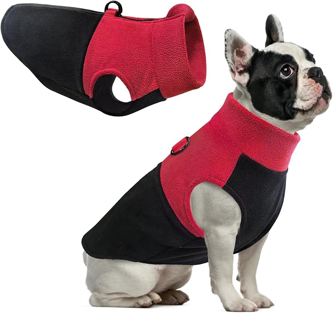 Idepet Dog Fleece Vest Sweater Zip Up Warm Pullover Dogs Jacket with D-Ring Leash Winter Cold Weater Coat Pet Sweatershirt Clothes Hoodie for Small Medium Dogs Boy Girl (Red/Black, XXS)