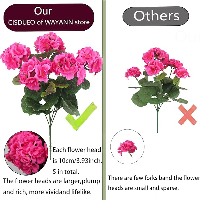 CISDUEO 4 Pcs Artificial Geraniums Silk Flowers Outdoor Artificial Geranium Bush Rose Red Faux Flowers Geraniums for Floral Home Decor Outdoor Indoor Garden Patio Grave Cemetary Vase Table Centerpiece