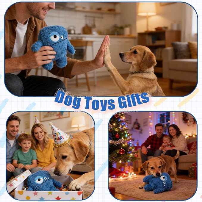 Monster Stuffed Squeaky Dog Toy, Crinkle Dog Plush Toy, Blue | Soft Lightweight Toy for Fetch and Chew, Interactive Outdoor Indoor Play for Tug, Birthday Gift, For Puppy Small Medium Dog