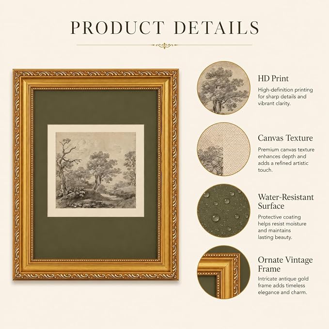 Ymsagrs Gold Frame Vintage Landscape Sketch Canvas Wall Art,11x9in | Neutral Botanical Picture Art,Cottagecore Wall Decor for study, living room, hallway, office or entryway.