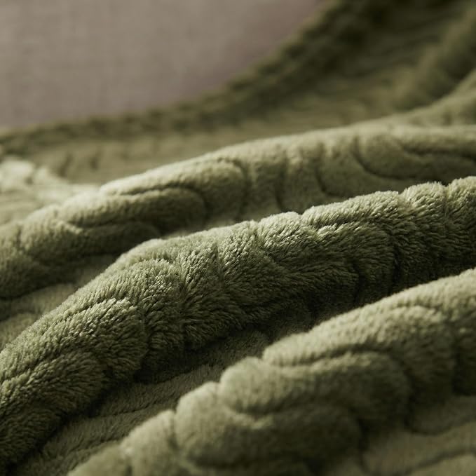 Exclusivo Mezcla Soft Fleece Blanket King Size for Bed, Sofa, Olive Green | 90"x104" Breathable Lightweight Flannel Blanket for Summer, Plush Cozy Jacquard Wave for Home Decor