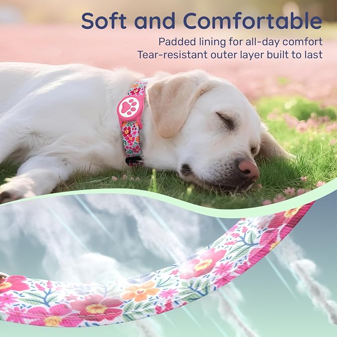 Airtag Dog Collar,with Waterproof airtag Holder，Original Stylish Cute Pattern Design.QR Code ID Buckle，Comfortable Soft Cotton for Small Medium Large Dogs