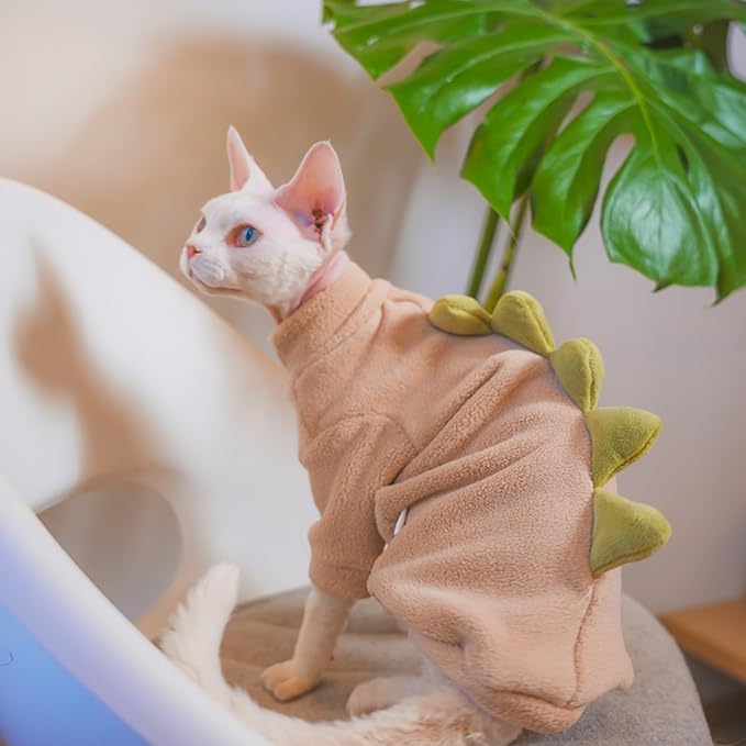 Khaki Dinosaur Sphynx Cat Clothes Sweater Hairless Cat Apparel | Soft, Elastic, Warm Polar Fleece,Winter Warm Outfit