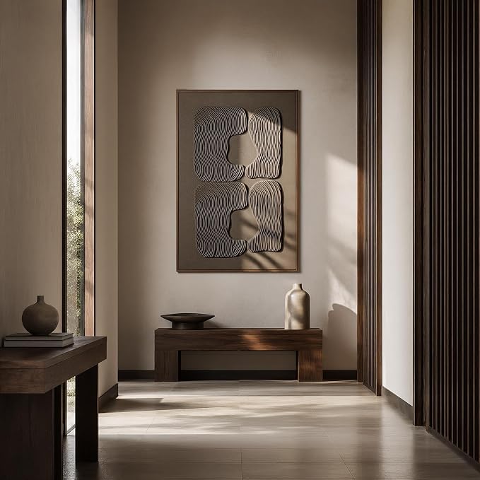 Thalasse Abstract Wall Art Large Framed 3D Oatmeal Beige 24x36 In | Wabi Sabi sandstone relief artwork, solid Catalpa wood frame, minimalist hallway entryway decor, 1 piece