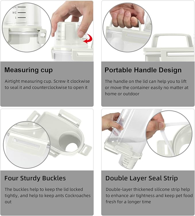 LEAWALK Airtight Rice Storage Container, Cereal Dry Food Flour and Sugar Bin, Dog Cat Food Dispenser with Measuring Cup, BPA Free Clear Plastic Kitchen (White x 2, 3L-2pack)