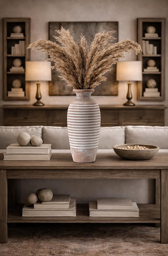 Emotionally Grounded Vase, Vaseking Large Ceramic Rustic Vase, 14.4 inch Minimalist Threaded Decorative Farmhouse Tall Vases for Home Decor, Living Room, Enterway, Table Decoration, Khaki