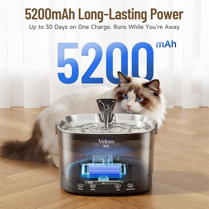 Veken 85oz/2.5L Cordless Cat Water Fountain for Cats, Dogs, Pets, Black | Stainless Steel Tray & Secure Clips, 5200 mAh Battery Operated, Pet Drinking Dispenser, LED Light, Wireless Fountain