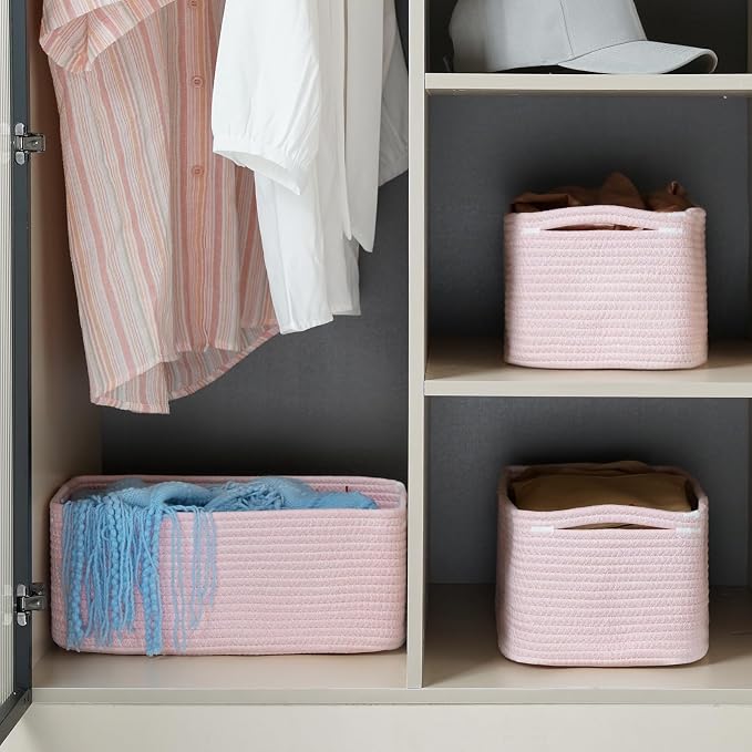 3 Pack Storage Baskets for Organizing, 13.7×9.5×6.3", Mixed Pink | Woven Baskets for Shelves, Cotton Rope Basket for Gifts Empty, Closet Organizer Bins with Handles, Cube Decorative Box