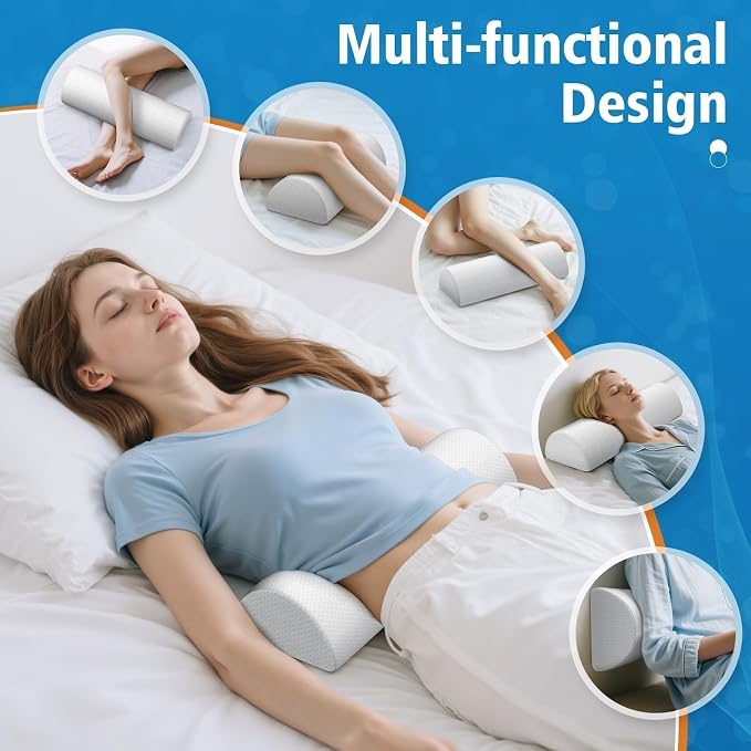 Knee Pillow for Side Sleepers, Half Moon Memory Foam Bolster Pillow for Legs, Ergonomic Design Wedge Elevation Pillow for Side & Back Sleeping, Under Knee Support, Foot, Ankle, Lumbar, White - 2 Pack
